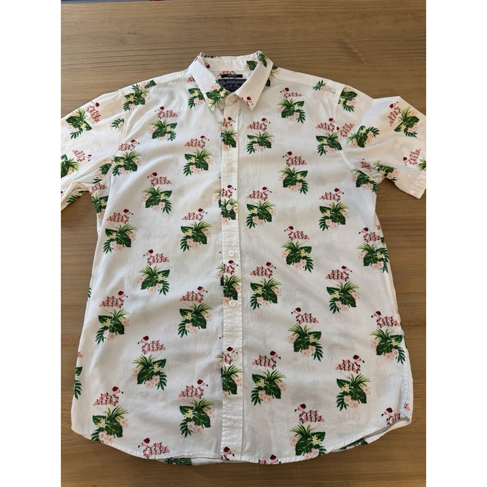 American Rag Mens Medium Button Down Short Sleeve Christmas Flamingo Hawai Shirt
